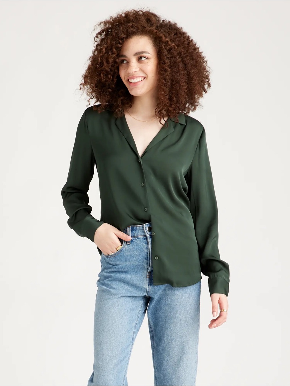Quince | Washable Stretch Silk Notch Collar Blouse in Forest Green ~ Large